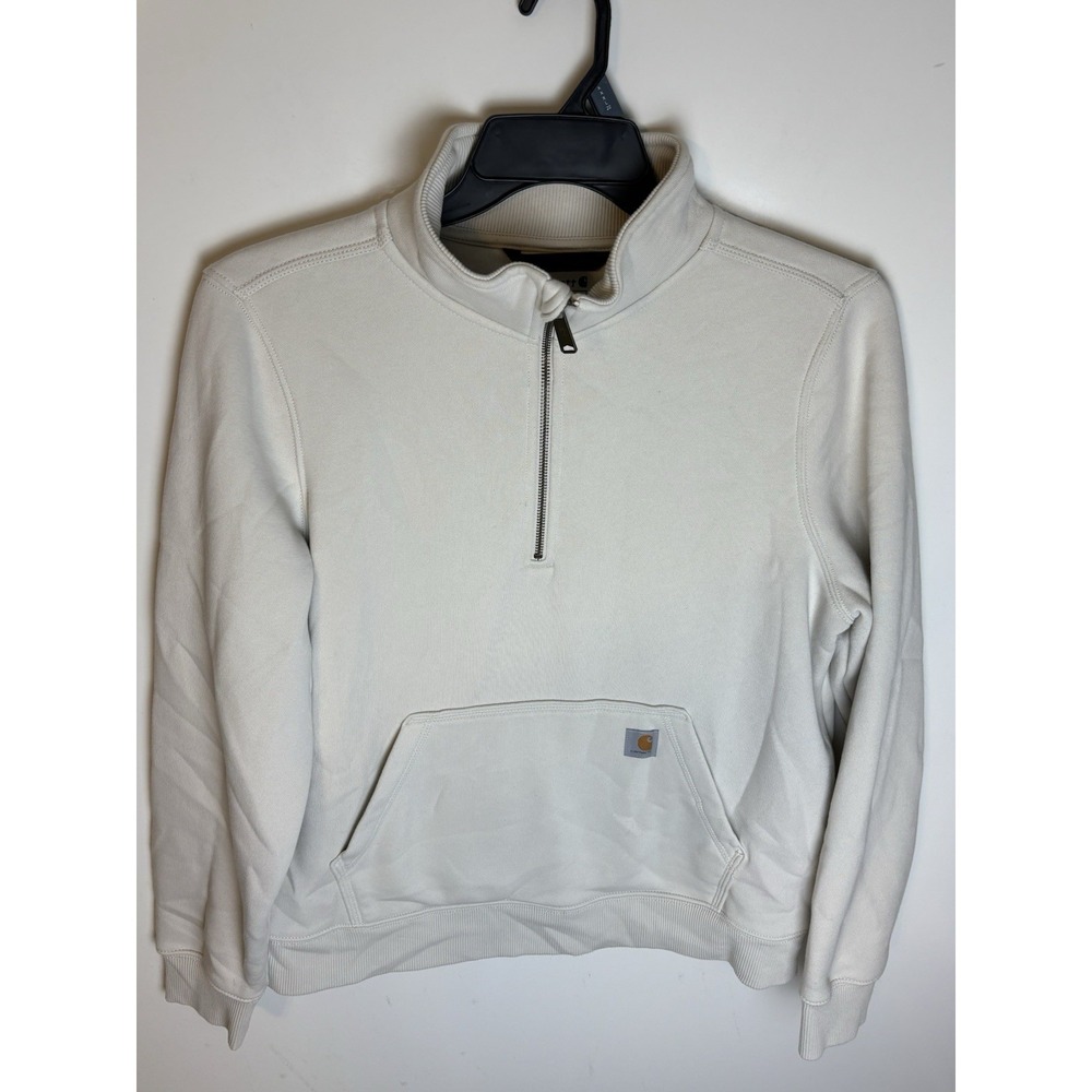 Carhartt Women's LG Relaxed Fit Quarter Zip Sweatshirt Cream Fleece Logo Pocket